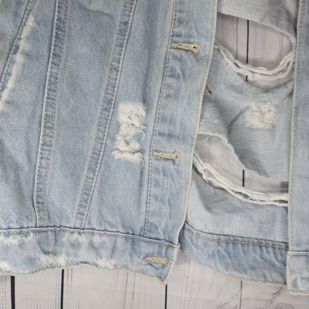Wax Jean Basic Denim Light Wash Grunge Edgy Thrashed Y2K Festival Denim Jacket - Picture 8 of 15
